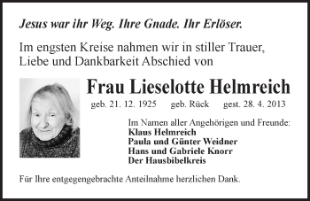 Traueranzeige von Lieselotte Helmreich von Der Bote