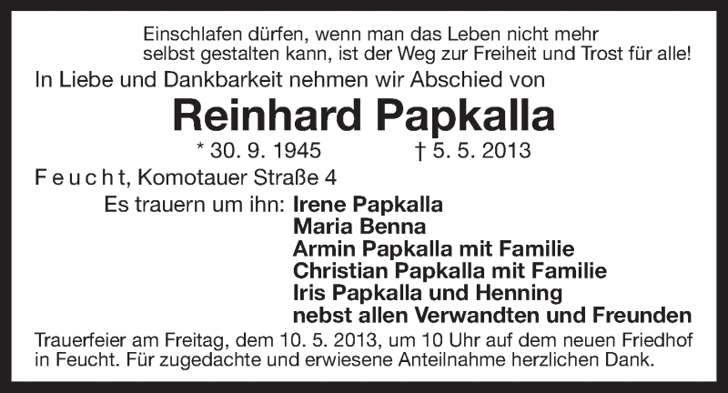  Traueranzeige für Reinhard Papkalla vom 07.05.2013 aus Der Bote