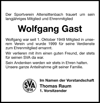 Traueranzeige von Wolfgang Gast von Hersbrucker Zeitung