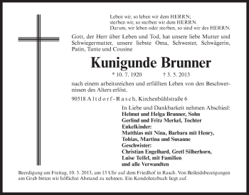 Traueranzeige von Kunigunde Brunner von Der Bote