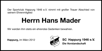 Traueranzeige von Hans Mader von Hersbrucker Zeitung