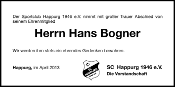 Traueranzeige von Hans Bogner von Hersbrucker Zeitung