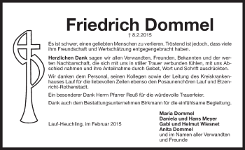 Traueranzeige von Friedrich Dommel von Pegnitz-Zeitung