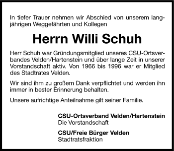 Traueranzeige von Willi Schuh von Hersbrucker Zeitung