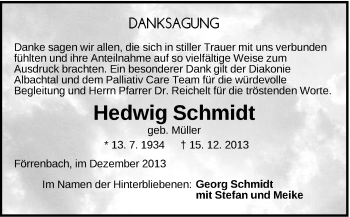 Traueranzeige von Hedwig Schmidt von Hersbrucker Zeitung