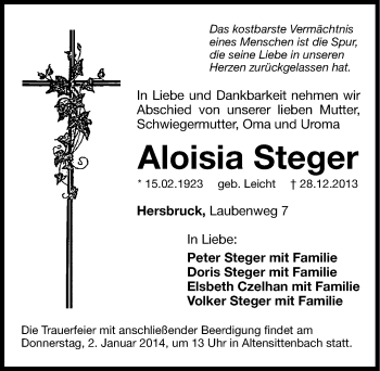Traueranzeige von Aloisia Steger von Hersbrucker Zeitung