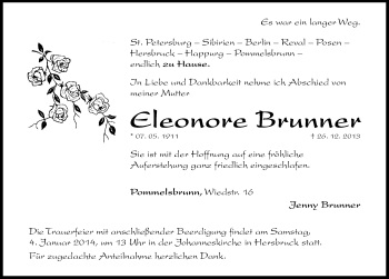 Traueranzeige von Eleonore Brunner von Hersbrucker Zeitung