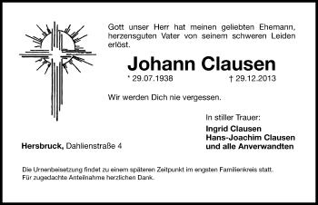 Traueranzeige von Johann Clausen von Hersbrucker Zeitung