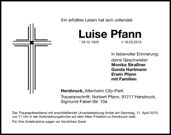 Traueranzeige von Luise Pfann von Hersbrucker Zeitung