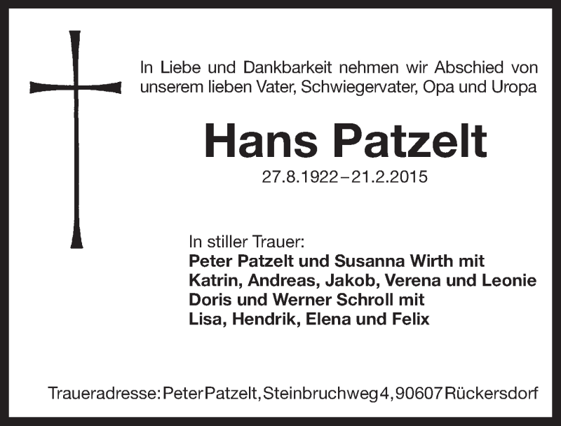  Traueranzeige für Hans Patzelt vom 28.02.2015 aus Pegnitz-Zeitung