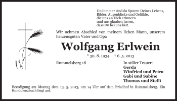 Traueranzeige von Wolfgang Erlwein von Der Bote