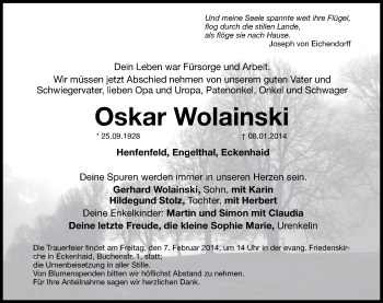 Traueranzeige von Oskar Wolainski von Hersbrucker Zeitung