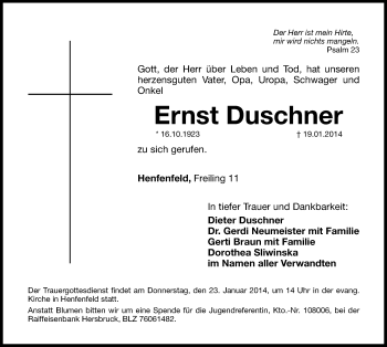 Traueranzeige von Ernst Duschner von Hersbrucker Zeitung