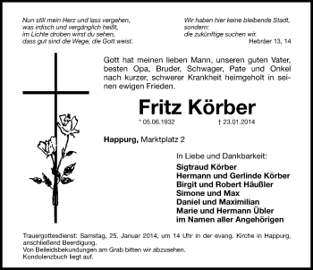 Traueranzeige von Fritz Körber von Hersbrucker Zeitung