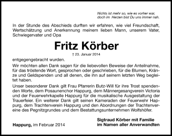 Traueranzeige von Fritz Körber von Hersbrucker Zeitung