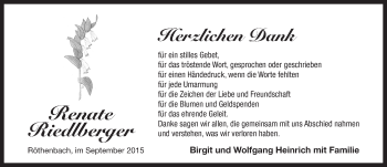 Traueranzeige von Renate Riedlberger von Pegnitz-Zeitung