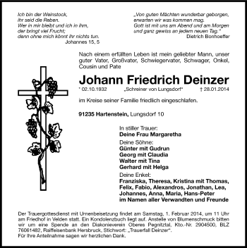 Traueranzeige von Johann Friedrich Deinzer von Hersbrucker Zeitung