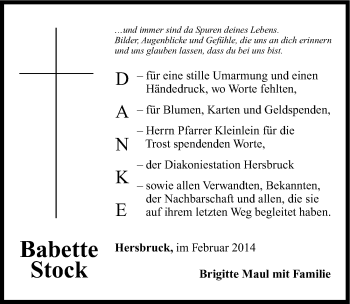 Traueranzeige von Babette Stock von Hersbrucker Zeitung
