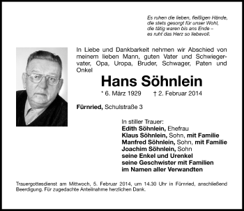 Traueranzeige von Hans Söhnlein von Hersbrucker Zeitung
