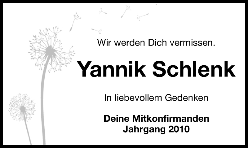  Traueranzeige für Yannik Schlenk vom 15.08.2014 aus Hersbrucker Zeitung