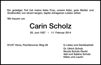 Traueranzeige von Carin Scholz von Hersbrucker Zeitung