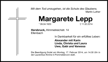 Traueranzeige von Margarete Lepp von Hersbrucker Zeitung