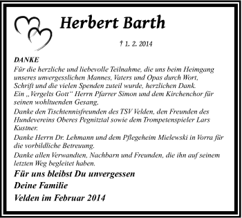 Traueranzeige von Herbert Barth von Hersbrucker Zeitung