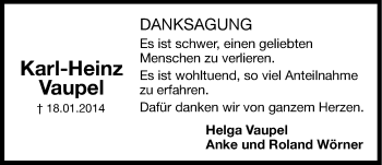 Traueranzeige von Karl-Heinz Vaupel von Hersbrucker Zeitung