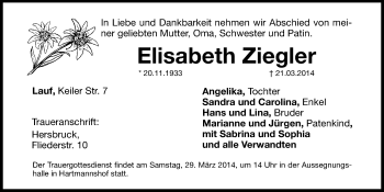 Traueranzeige von Elisabeth Ziegler von Hersbrucker Zeitung