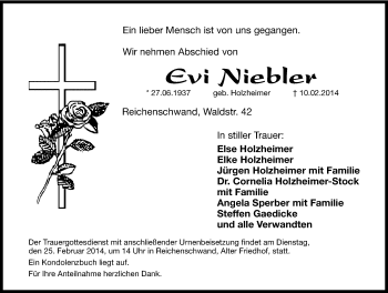 Traueranzeige von Evi Niebler von Hersbrucker Zeitung