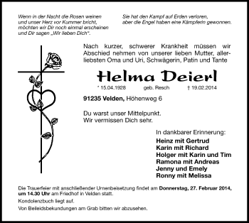 Traueranzeige von Helma Deierl von Hersbrucker Zeitung