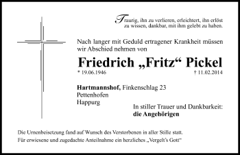 Traueranzeige von Friedrich  Pickel von Hersbrucker Zeitung
