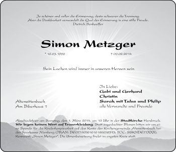 Traueranzeige von Simon Metzger von Hersbrucker Zeitung