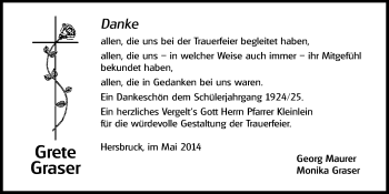 Traueranzeige von Grete Graser von Hersbrucker Zeitung