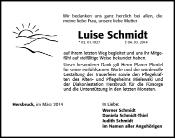Traueranzeige von Luise Schmidt von Hersbrucker Zeitung