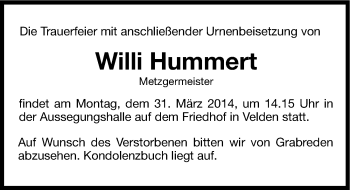 Traueranzeige von Willi Hummert von Hersbrucker Zeitung