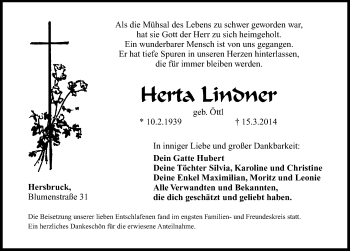 Traueranzeige von Herta Lindner von N-Land