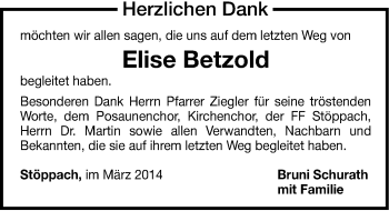 Traueranzeige von Elise Betzold von Hersbrucker Zeitung