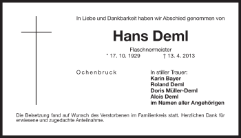 Traueranzeige von Hans Deml von Der Bote