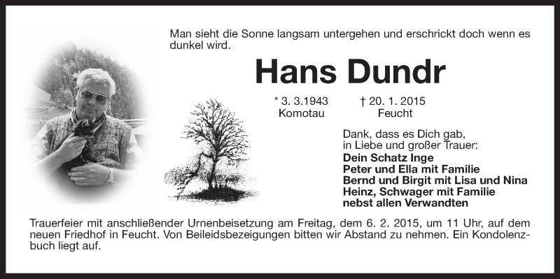  Traueranzeige für Hans Dundr vom 04.02.2015 aus Der Bote