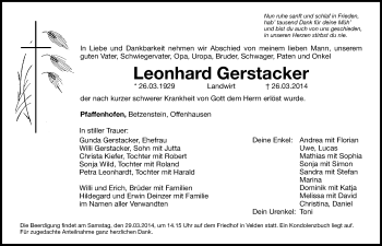 Traueranzeige von Leonhard Gerstacker von Hersbrucker Zeitung