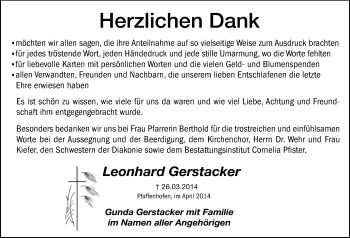 Traueranzeige von Leonhard Gerstacker von Hersbrucker Zeitung