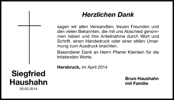 Traueranzeige von Siegfried Haushahn von Hersbrucker Zeitung