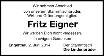 Traueranzeige von Fritz Eigner von Hersbrucker Zeitung