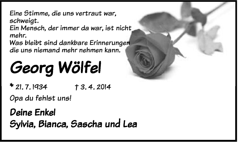  Traueranzeige für Georg Wölfel vom 09.04.2014 aus Hersbrucker Zeitung