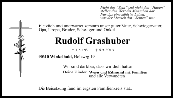 Traueranzeige von Rudolf Grashuber von Der Bote