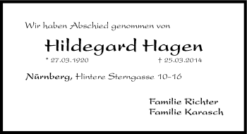 Traueranzeige von Hildegard Hagen von Hersbrucker Zeitung