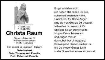 Traueranzeige von Christa Raum von Hersbrucker Zeitung