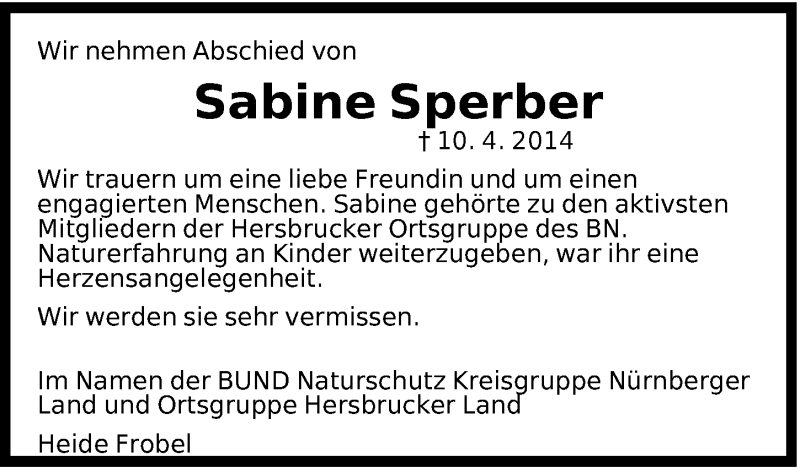  Traueranzeige für Sabine Sperber vom 15.04.2014 aus Hersbrucker Zeitung