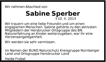 Traueranzeige von Sabine Sperber von Hersbrucker Zeitung